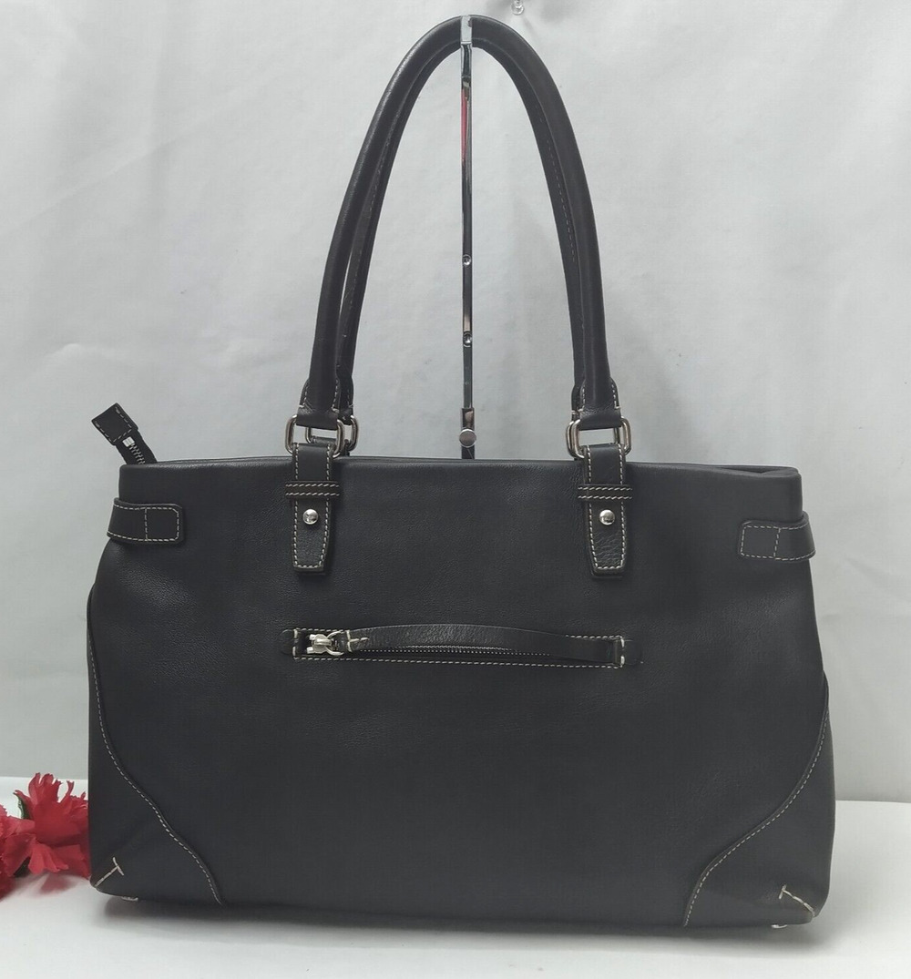 Tumi Dark Brown Leather Double Handles Zipper Satchel Shoulder Bag
